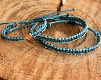 Matching Family Bracelets, Striped Light Blue and Teal, Gold Heart Charm, Adjustable Boho Set