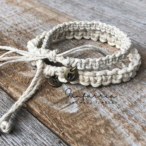 Marathon, Initials His and Hers Natural Bracelets, Matching Set, Macrame, Waterproof NC001715