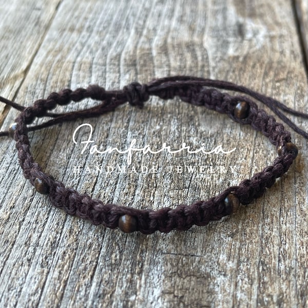 Haulover, Beaded Dark Brown Anklet, Wood Bead Hemp Anklet, Macrame Anklet, Surfer Anklet, Hemp Bracelet, Beach Anklets HA001435