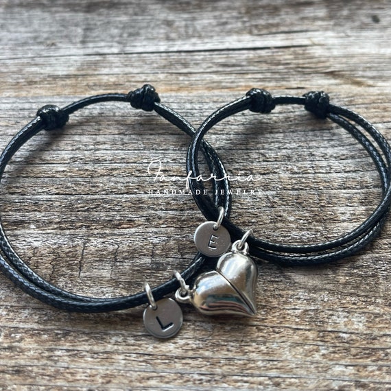 Black Leather and Silver Heart Magnetic Bracelet 
