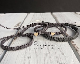 Heart Family Bracelets Dark Gray, Matching Bracelets, Gold Hearts, Adjustable Waterproof