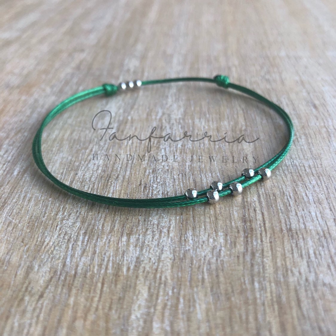 Wax Cord Green Silver  Bead   Bracelet/Necklace 