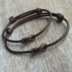 Brown Waxed Cord Bracelets, Simple Bracelet, His and her Bracelet,Couples Bracelets, Infinity, Waterproof Set of 2 image 2