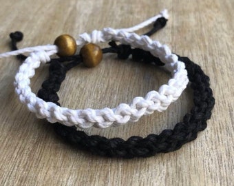 Destin, Eco-Friendly Hemp Bracelet Set, Black & White, Handmade, Sustainable Gift for Couples