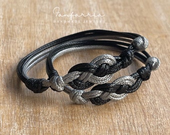 Bayside, His and Hers Couples Bracelets, Black and Gray, Infinity Knot, Personalized