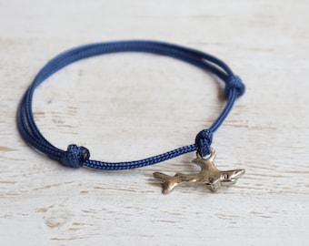 Shark Bracelet Anklet, Navy Cord Charm Bracelet, Silver Shark Charm, Adjustable Beach Jewelry, Surfer Gift