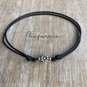 Sterling Silver Flower Anklet, Black Cord Anklet, Adjustable, Waterproof WA001740