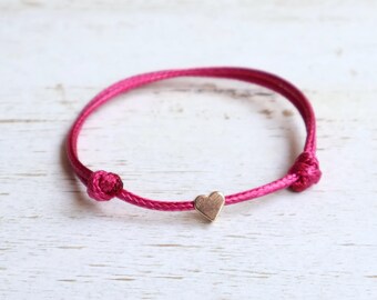 Gold Heart Minimalist Bracelet Anklet Choker, 2mm Waterproof Cord Adjustable Sliding Knot Set of 3, Personalized Initial Option