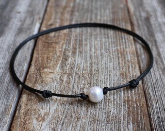 Pearl Choker, Minimalist Waterproof Cord Necklace, Adjustable