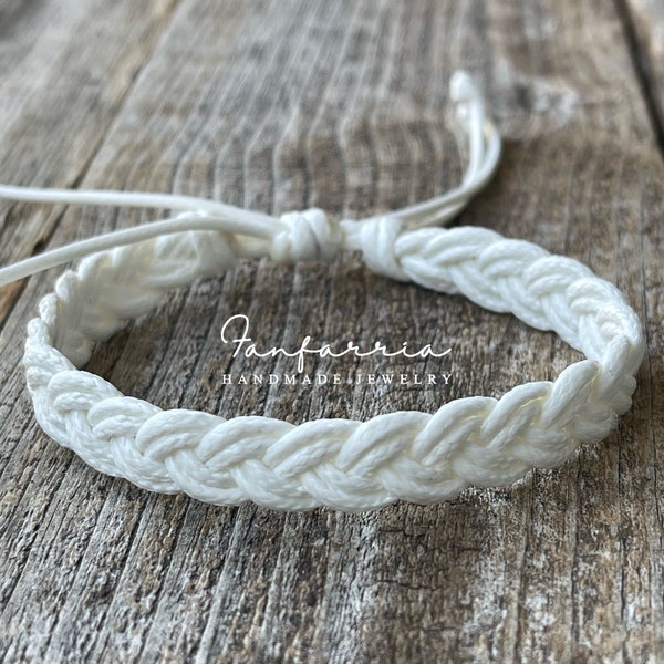 Cocoa Beach, Men White Braided Bracelet Adjustable Waterproof  Vegan Leather