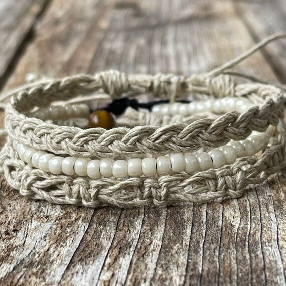 Boho Chic Hemp Bracelet or Anklet Set Cream White Beads Etsy