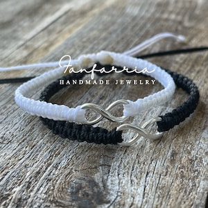 Infinity Sterling Silver Bracelets, Black and White His and Hers Bracelets, Waterproof Cord, Adjustable