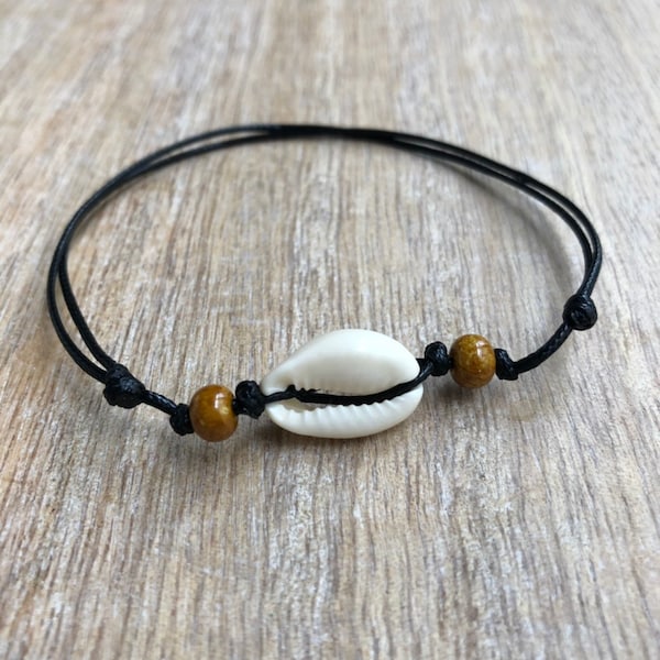 Cowrie  Sea Shell Anklet, Seashell, Black Waxed Cord Anklet, Beach Anklet, Unisex Adjustable Anklet WA001569