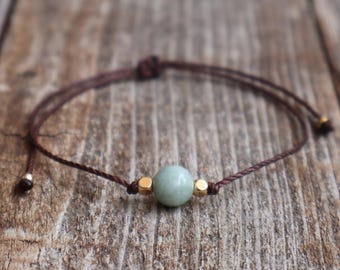 Green Jade Bead Anklet Bracelet, Gold Accents, Adjustable , Everyday Wear