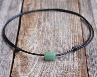 Green Aventurine Choker, Black Waxed Cord Necklace, Natural Stone Bead Choker, Minimalist Men's Choker, Waterproof Cord Necklace