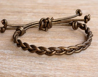 Braided Leather Bracelet, Bronze Metallic Cord, Adjustable Men's Jewelry, Handmade Woven Wristband, Rustic Boho Gift
