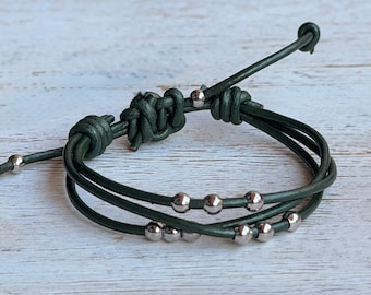 Forest Green Leather Wrap Bracelet, Silver Beads, Boho Adjustable Gift