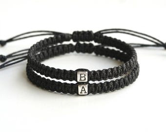 Couples Bracelets, Sterling Silver Initial Cube, Black His Hers Matching Set