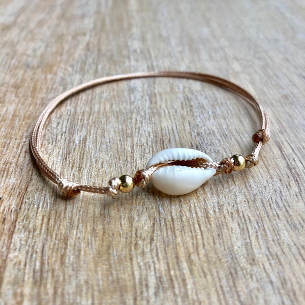 Cowrie Sea Shell Anklet, Seashell, Gold Waxed Cord Anklet, Beach Anklet, Unisex Adjustable Anklet WA001568