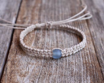 Blue Sea Glass Hemp Anklet, Natural Braided Macrame Surfer Jewelry