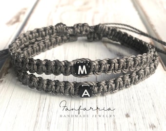 Long Distance Couple Bracelet Set, Personalized Macrame with Initials, Handmade Dark Gray Cord Gift for Boyfriend, Girlfriend or Partner
