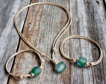 Surfer Sea Glass Cord Necklace, Anklet or Bracelet, Beach Glass Jewelry, Adjustable Waxed Cord, Boho Minimalist Beach Jewelry Gift, Unisex
