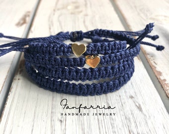 Set of 4 Matching Blue Braided Cord Bracelets – 2 with Gold Heart, 2 Plain | Waterproof Adjustable Family Gift | Handmade Jewelry