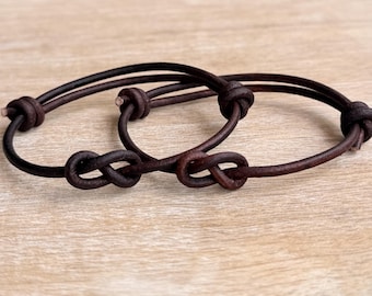 Couples Leather Bracelet Set, Infinity Knot His Hers, 3rd Anniversary Leather Gift, Adjustable 3mm Cord, His and Hers Matching Set