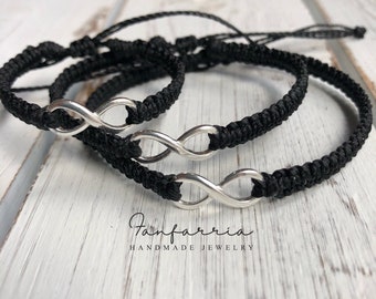 Infinity Family Black Bracelets, 925 Sterling Silver, Made in the USA, Infinite Matching Black Bracelets, BFF, Friends Black Bracelets