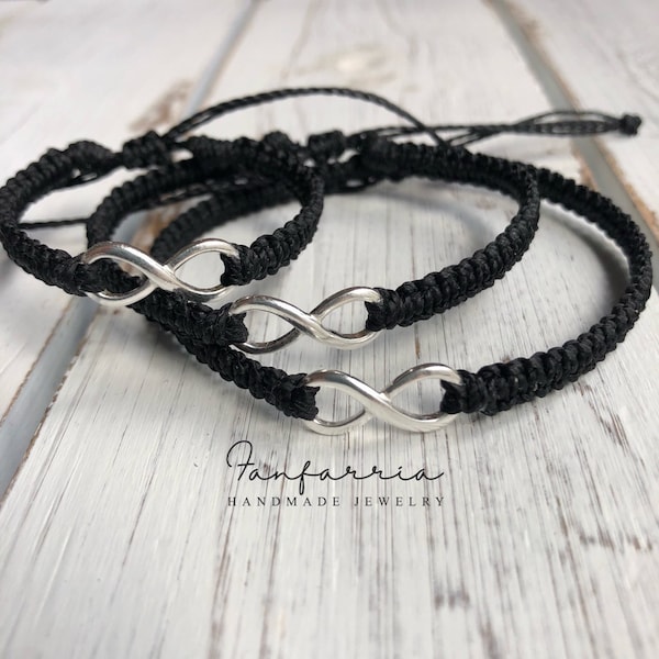 Infinity Family Black Bracelets, 925 Sterling Silver, Made in the USA, Infinite Matching Black Bracelets, BFF, Friends Black Bracelets