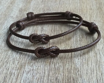 Brown Waxed Cord Bracelets, Simple Bracelet, His and her Bracelet,Couples Bracelets, Infinity, Waterproof Set of 2