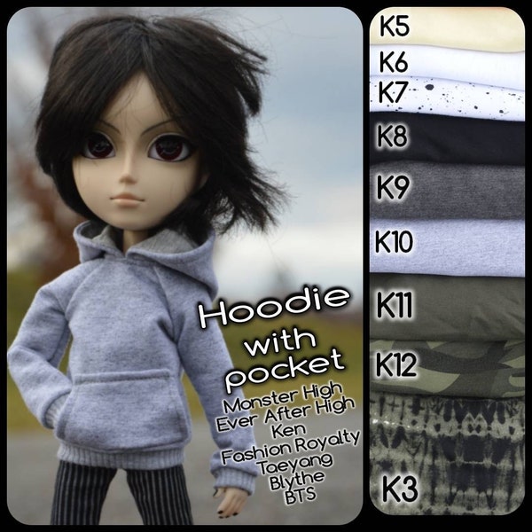 Hoodie with pocket for doll boys: Ken, FR, BTS, MH, MH3g, Eah, Taeyang, Blythe, Creatable World, Rainbow High, LOLomg, Bratz, Harry Potter