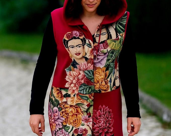 Bordeaux Vest with Applied Art - Frida Kahlo Inspiration, Size M