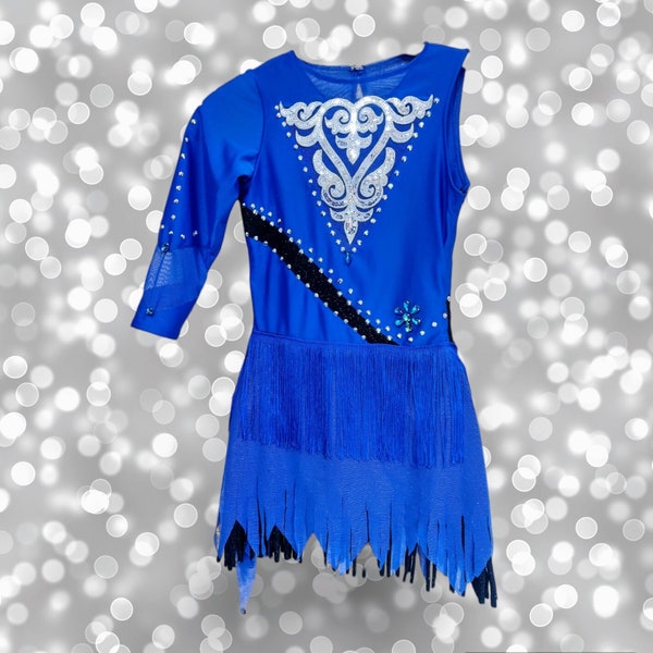 Handmade costume for 10 year old children in royal blue for rhythmic gymnastics with glitter appliqués