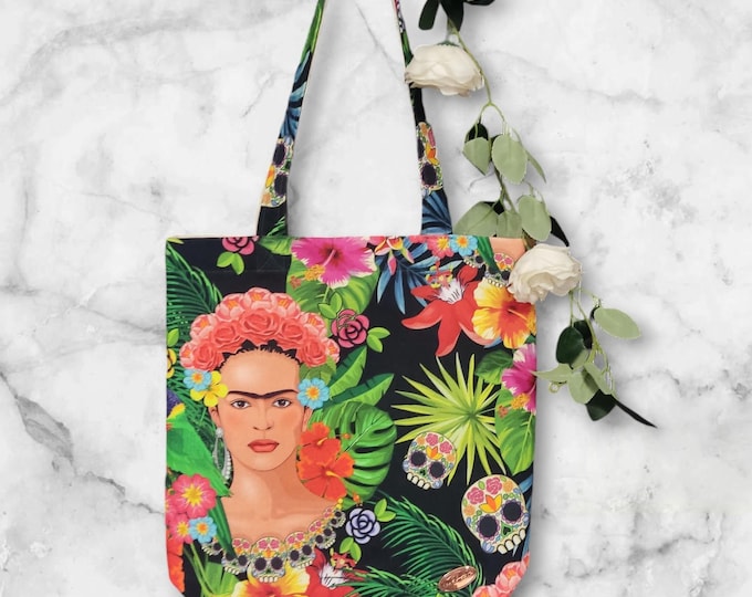 Tote bag, Frida Kahlo cloth bag with embroidered phrase "viva lá vida"