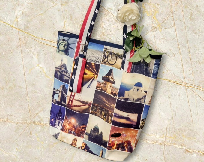 Tote bag in percale fabric with monuments and denim / Women's bag / Handmade bag in fabric in shades of blue