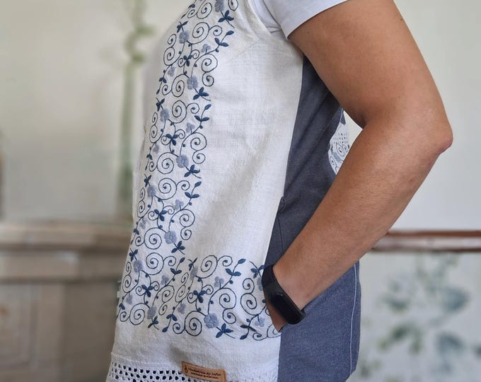 Upcycled Linen Vest with Embroidery & Denim Back – Handmade – M/L Size