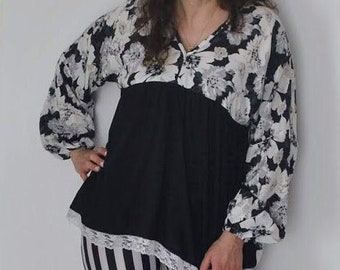 Blouse, Spring blouse, Tunic, Floral tunic, Womens Cloting, Black blouse, Women's tunic, Tops and tees, Handmade tunic, Clothing