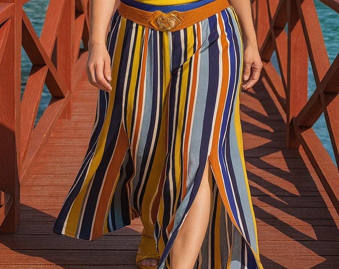 Striped Wide Leg Pants with Side Slits – One Size – Elastic Waist – Made4you® Women’s Clothing