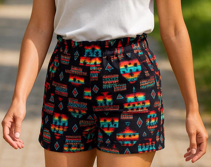 Geometric Cotton Shorts with High Waist Ruffle | Made4you® Portugal | Size M | Aztec-Inspired Summer Bottoms
