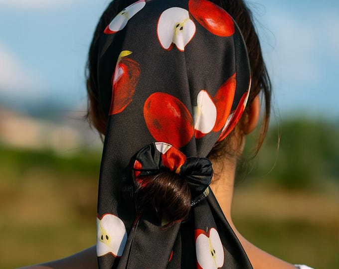 Apple Print Satin Scrunchie + Scarf Set – Handmade