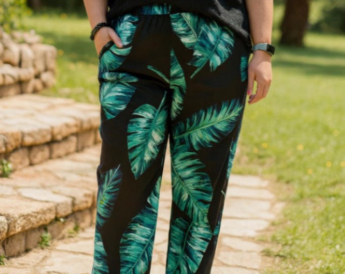 Feel-Good Summer Set – Tropical Pants & Matching Scrunchie | Handmade Comfortable | Limited Edition Tropical Pants with Matching Scrunchie