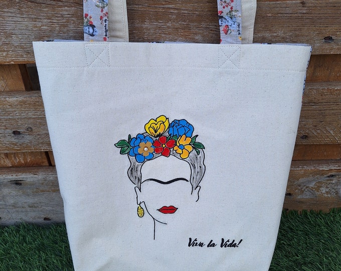 Embroidered Frida Kahlo Tote Bag – Eco Cotton Canvas Bag – Viva la Vida – Boho Art Handmade Gift
