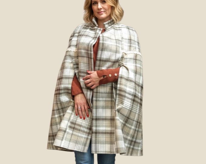 Women's winter coat in plaid fabric, Winter coat, Cape, Women Coat