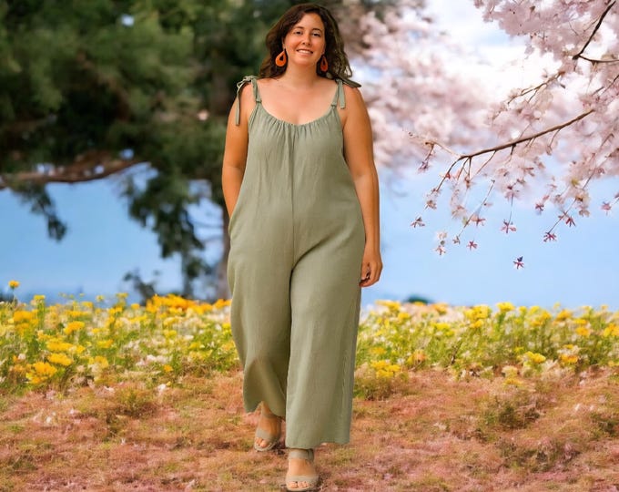 Dry Green Linen Jumpsuit | Size L/XL | One Piece | Made4you®