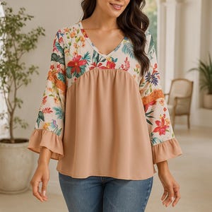 Floral and Salmon Tunic, Blouses, Tops & Tees, Tunics, Women&#39;s Clothing, Blouses