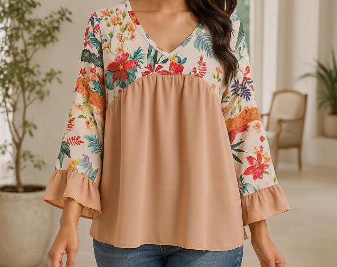 Floral and Salmon Tunic, Blouses, Tops & Tees, Tunics, Women's Clothing, Blouses