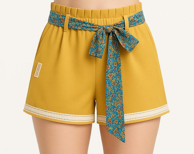 Women's handmade shorts in mustard yellow with lace details, floral belt and pleated effect at the waist