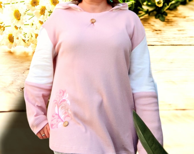 Pink & white sweatshirt, Embroidered sweater, Women's tunic, Sweatshirt, Blouse