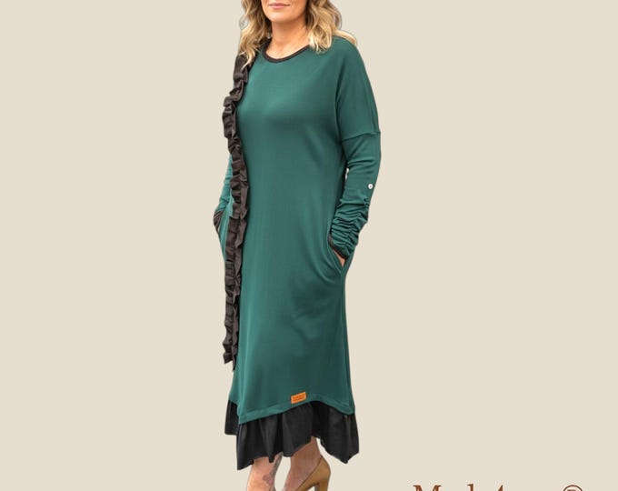 Olive Dress - Green Dress in Punto Roma Knit with Side Ruffle | Elegant and Comfortable Dress | Made in Portugal | Made4you®